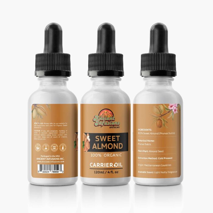 Sweet Almond Carrier Oil by Ancient Infusions: Discover the Nurturing Benefits and Various Uses for Radiant Skin and Hair.