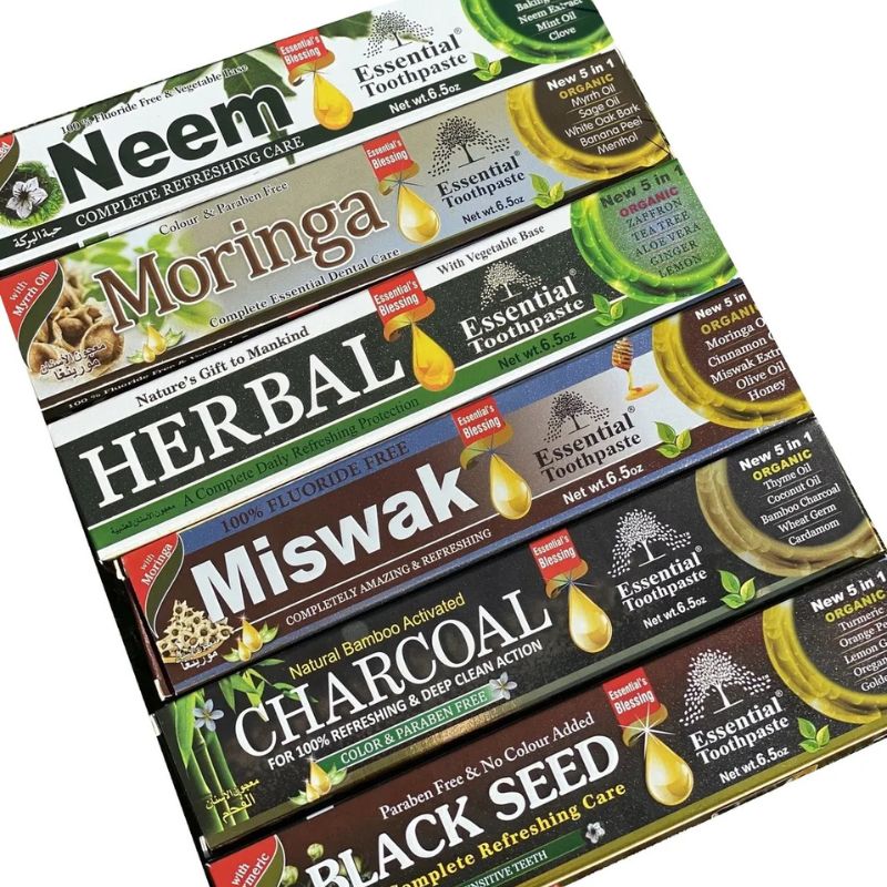Essential Palace 5-in-1 Fluoride-Free Toothpaste Collection – Neem, Black Seed, Sea Moss, Bamboo Charcoal, Miswak, Moringa, and Elderberry