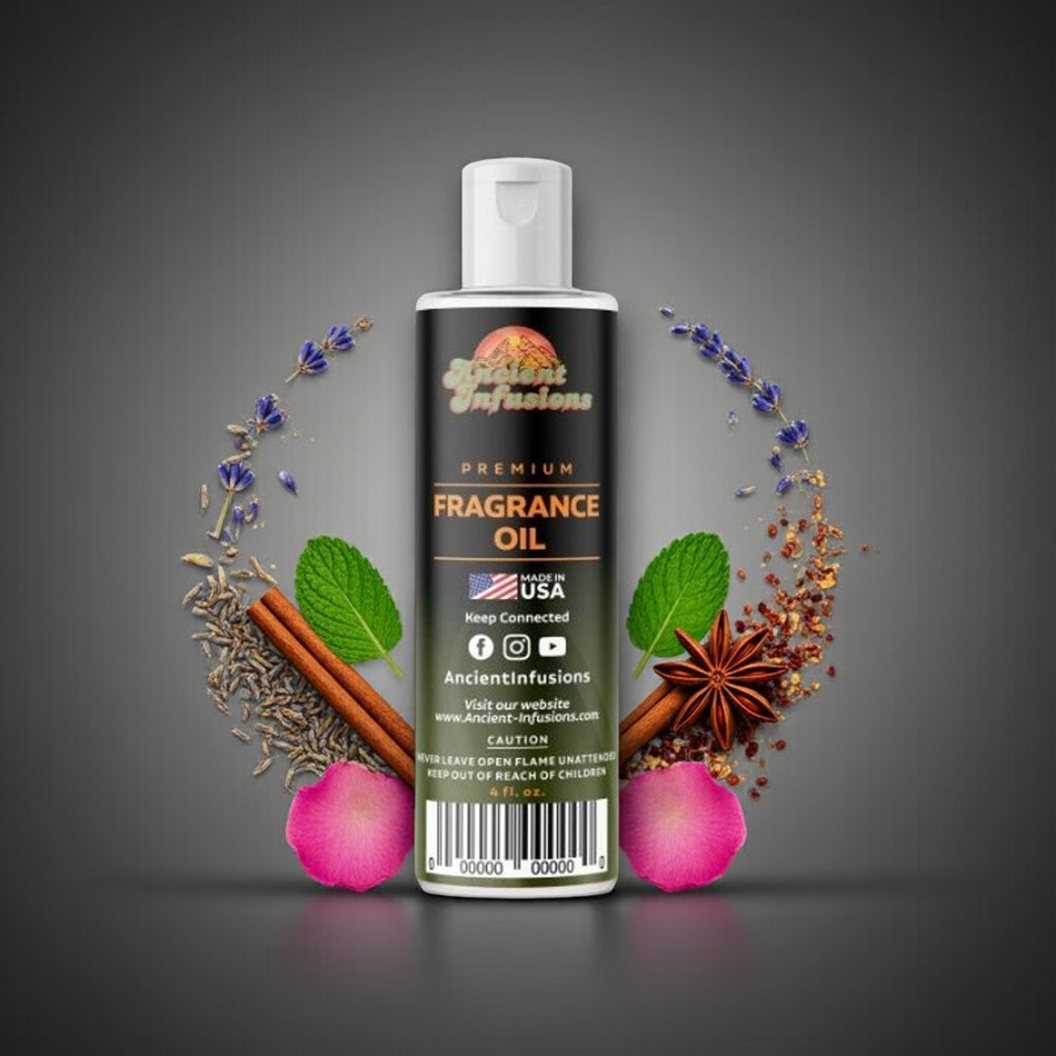 Bottle of premium Fragrance Oils surrounded by aromatic spices and flowers, emphasizing pure and alcohol-free qualities.