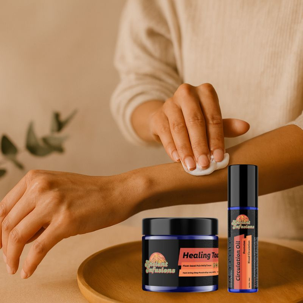 Herbal comfort collection featuring massage oils, creams, and tonics