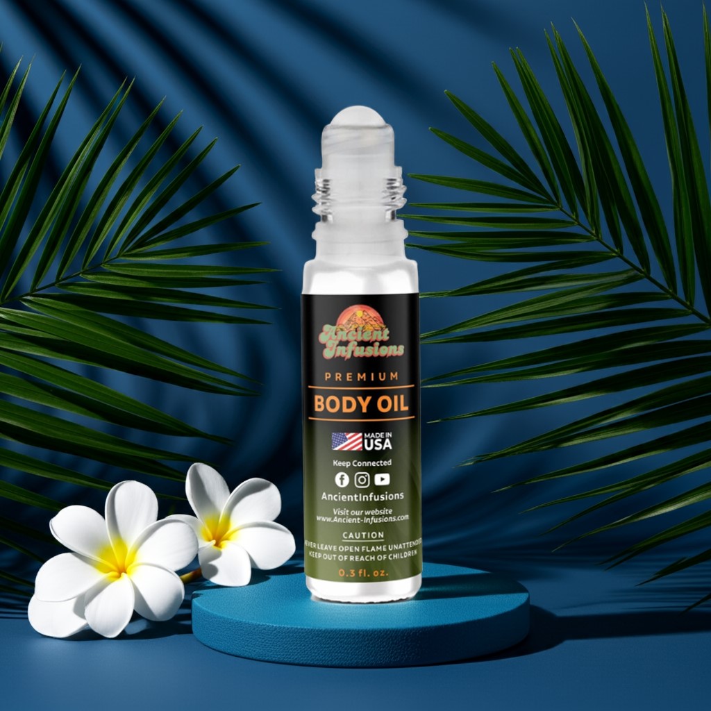 Abercrombie & Fitch First Instinct Blue Inspired Body Oil with floral accents and tropical leaves