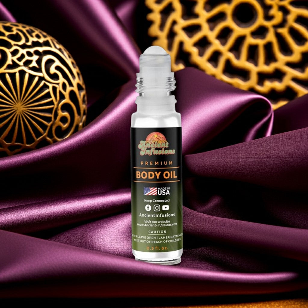 Maison Francis Oud Satin Mood Inspired Body Oil with elegant packaging displayed on rich purple fabric background