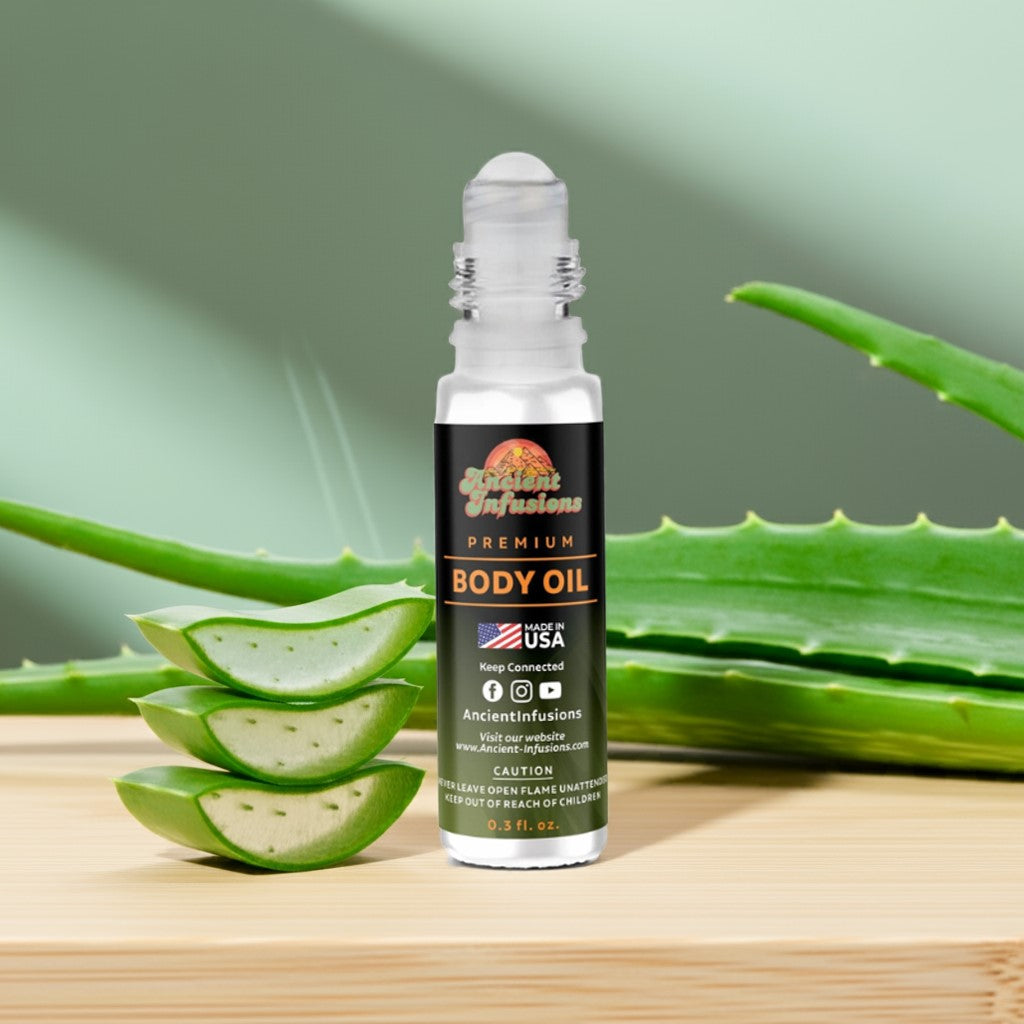 Aloe Vera Body oil bottle with aloe vera leaves on a wooden surface