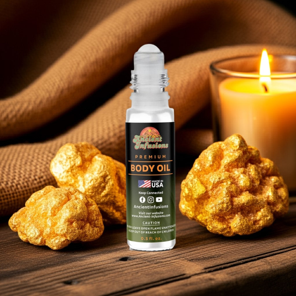 Amber body oil bottle with gold rocks and a candle on a wooden surface