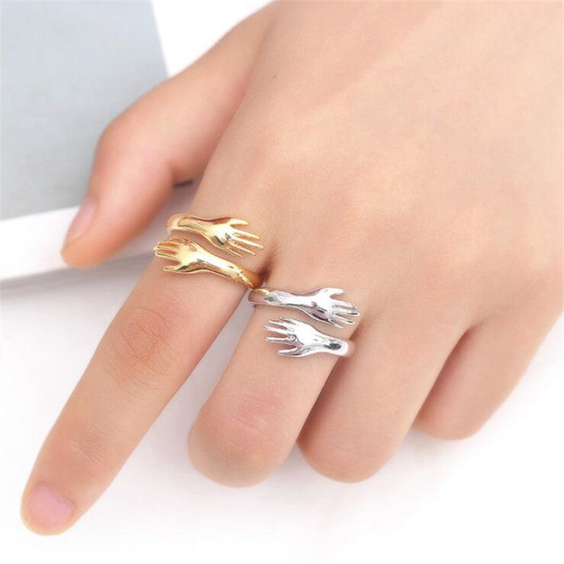 Adjustable Hugging Hands Alloy Ring in Gold and Silver - Symbolic