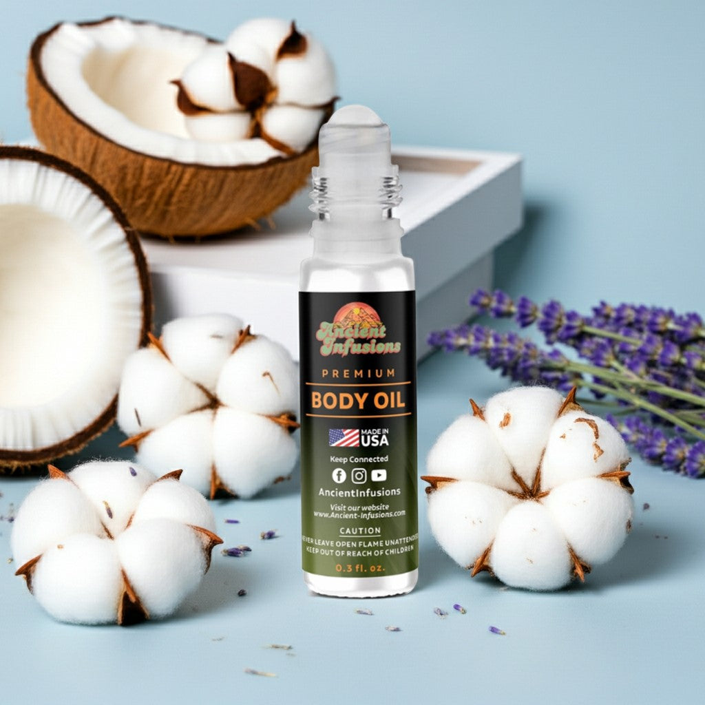 Ariana Grande Cloud Intense Inspired Body Oil with coconut, lavender, and cotton on display