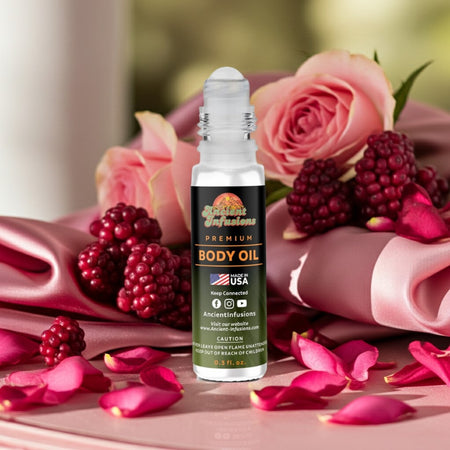 Ariana Grande Love Notes Pink Woods Inspired Body Oil with sweet berries, soft florals, and creamy woods on a satin background.