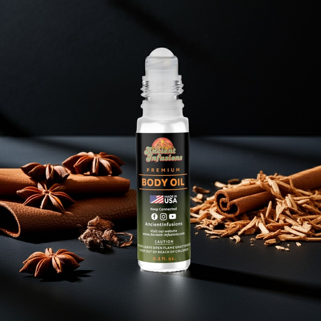 Armani Code Inspired body oil bottle with star anise and cinnamon on a dark background
