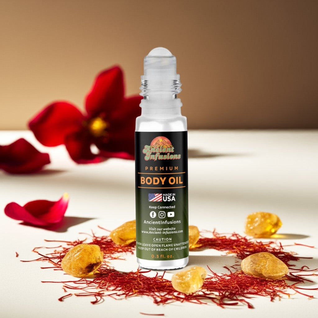 Baccarat Rouge 540 inspired body oil bottle with saffron and red flowers on a beige background