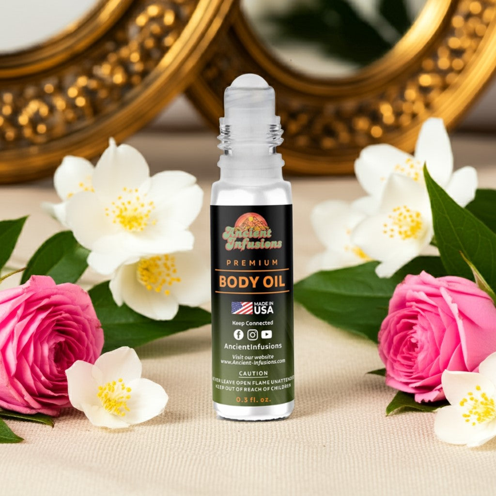 Beautiful body oil bottle with flowers and decorative mirrors in the background