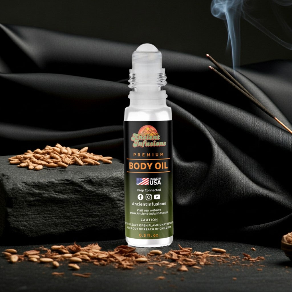 Bharara King Inspired Body Oil with bold notes of black pepper, spices, woods, and musk in a sleek roll-on bottle against a textured backdrop.