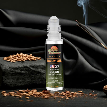 Bharara King Inspired Body Oil with bold notes of black pepper, spices, woods, and musk in a sleek roll-on bottle against a textured backdrop.