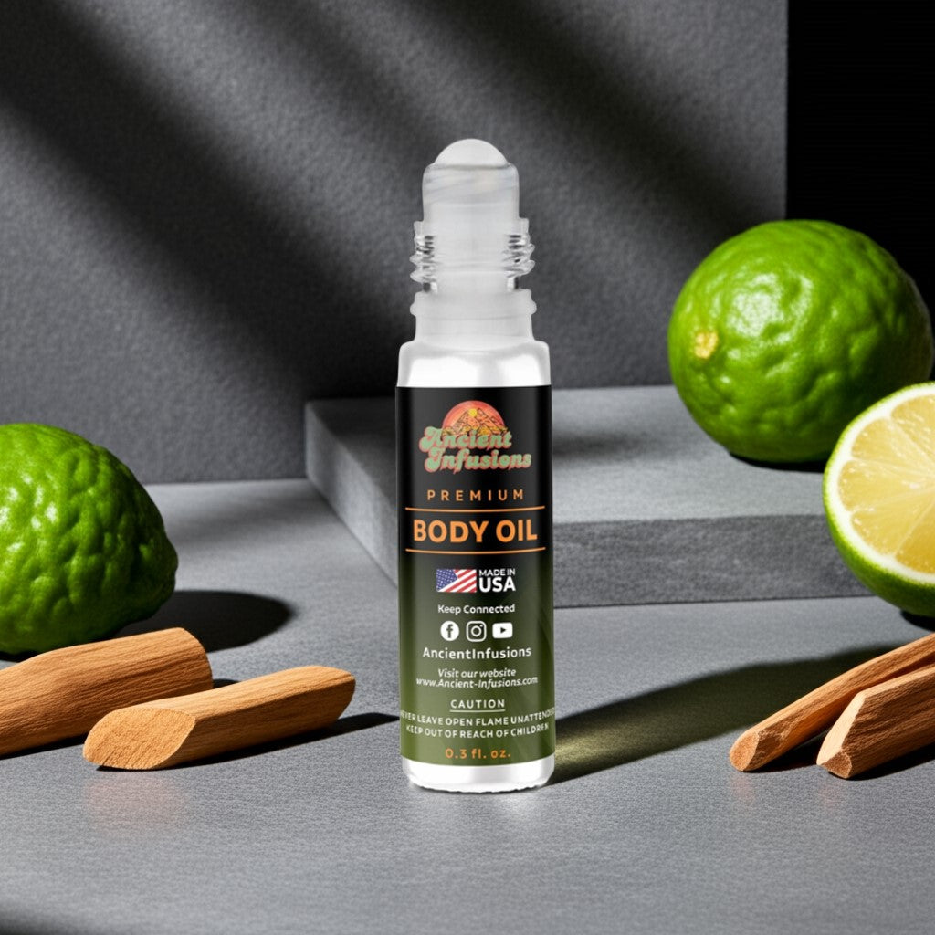Blue de Chanel inspired body oil bottle with limes and cinnamon sticks on a gray surface