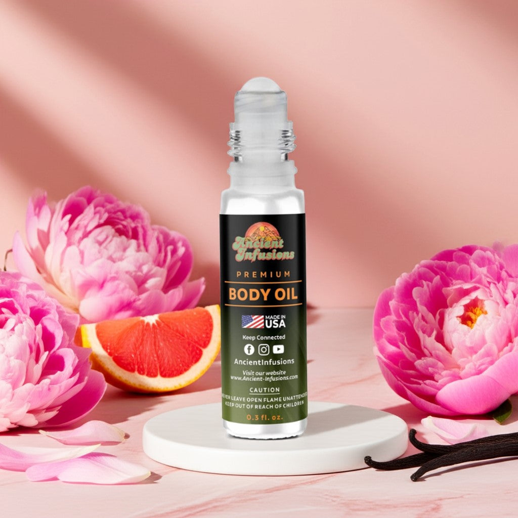 Bombshell Victoria’s Secret inspired body oil bottle with pink flowers and a slice of grapefruit on a pink background
