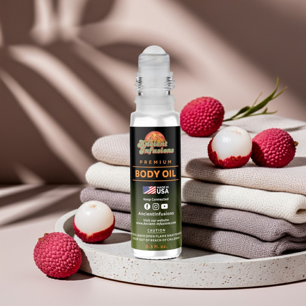 Bond No 9 Greenwich Village Inspired Body Oil with lychee and fabric backdrop