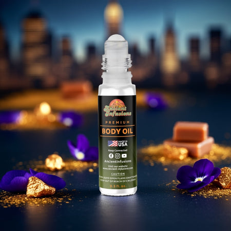 Bond No 9 New York Nights inspired body oil with skyline backdrop, flowers, and caramel accents