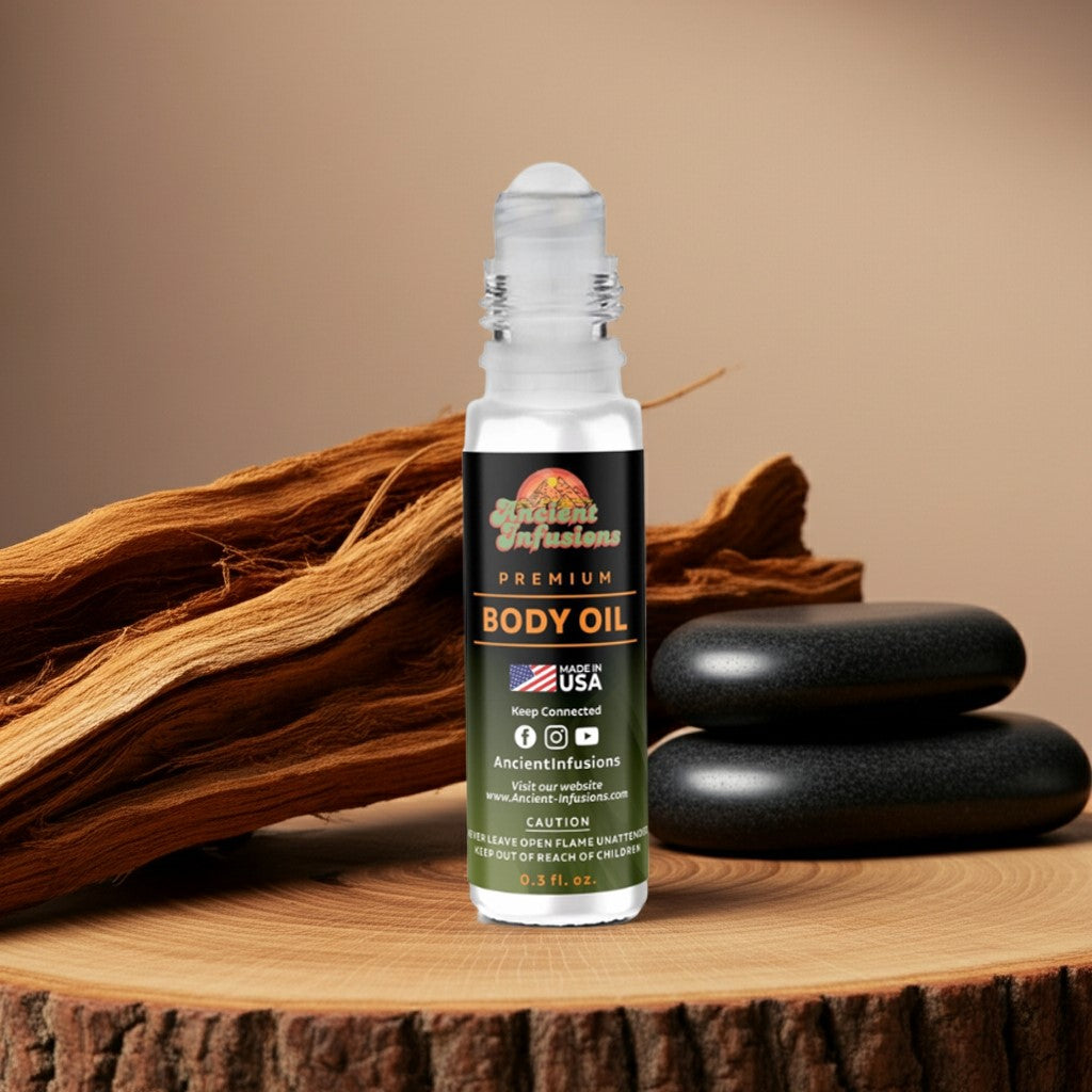 Burberry Hero Inspired Body Oil with cedarwood and bergamot, presented with sleek roll-on bottle on natural wood background.