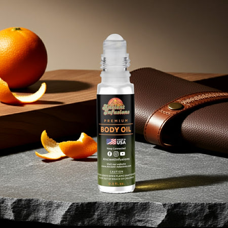 Creed Centaurus Inspired Body Oil roll-on bottle surrounded by citrus and leather, highlighting its fresh and refined fragrance.