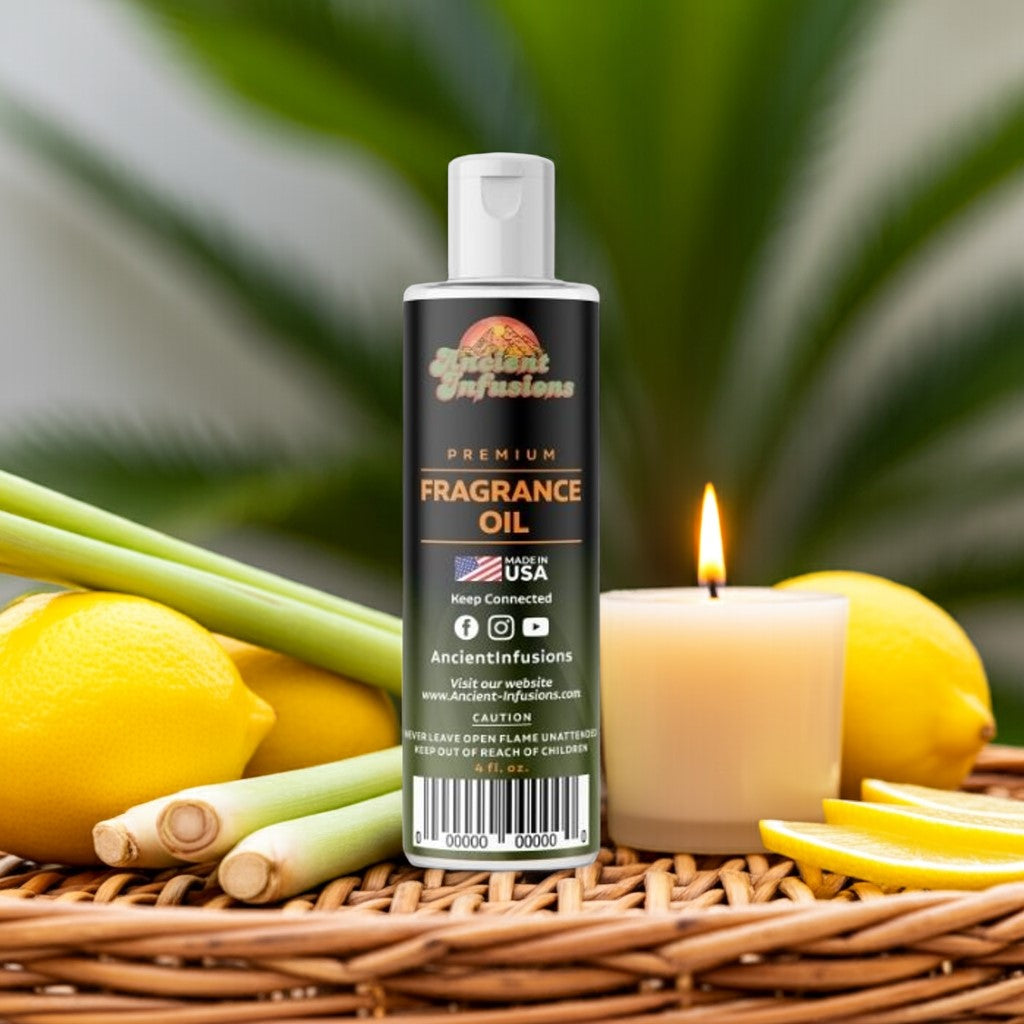 Citronella fragrance oil bottle with fresh lemongrass, citrus peels, and a herbal backdrop.