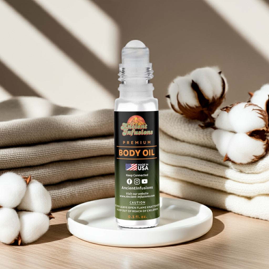 Clean Cotton Body oil bottle on a wooden surface with cotton flowers and towels in the background