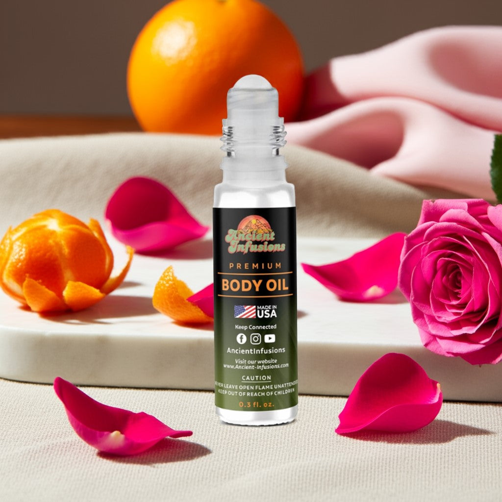 Coco Mademoiselle Body Oil bottle with oranges and pink roses on a beige surface