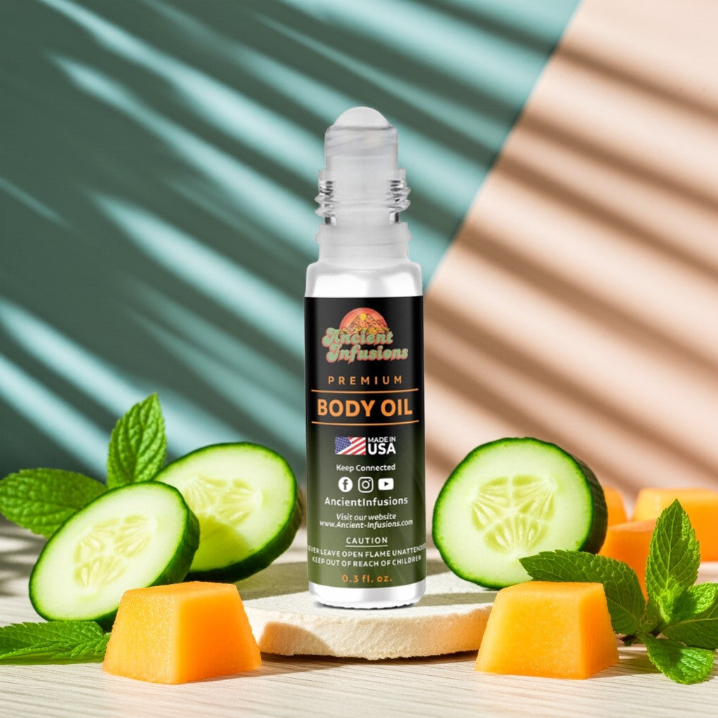 Cucumber Melon Body oil bottle with cucumbers and cantaloupe on a wooden surface