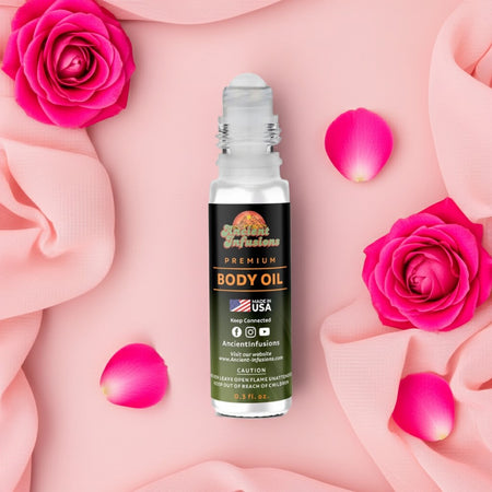 Dior Miss Dior Inspired Body Oil Roll-On with floral elements showcasing premium fragrance, highlighted by pink rose petals.