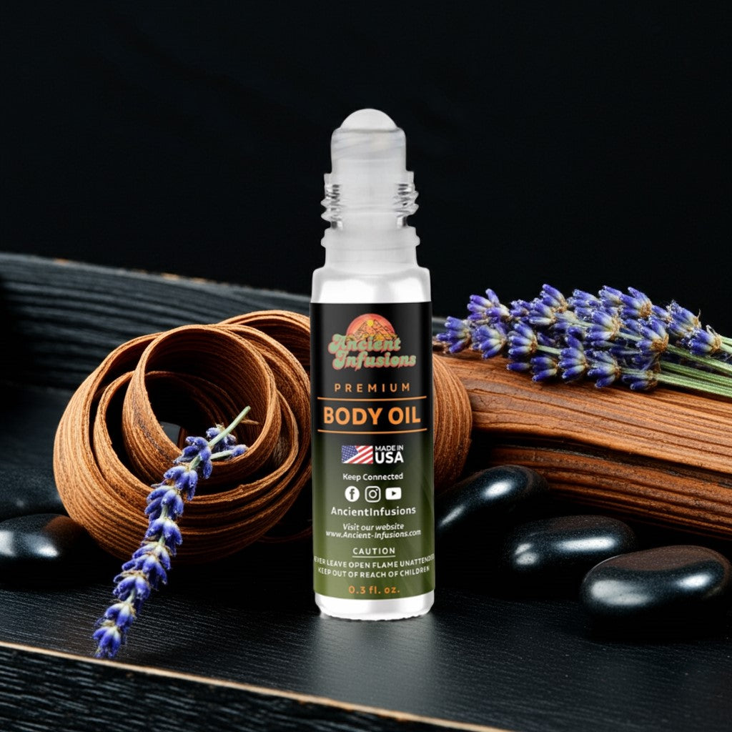 Drakkar Noir Guy Laroche Inspired Body Oil bottle with lavender and wood accents