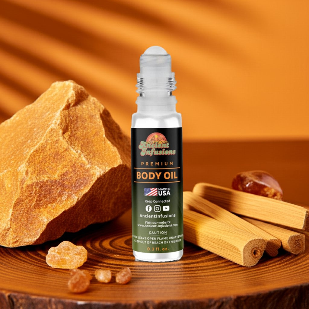 Egyptian Amber Body oil bottle with natural elements on a wooden surface