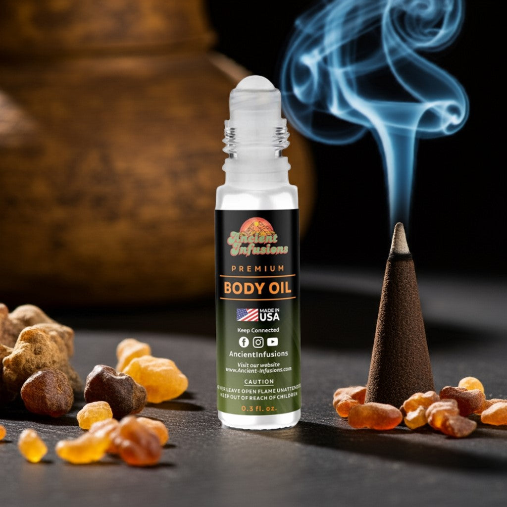 Frankincense & Myrrh Body oil bottle with smoking cone and incense on a dark background