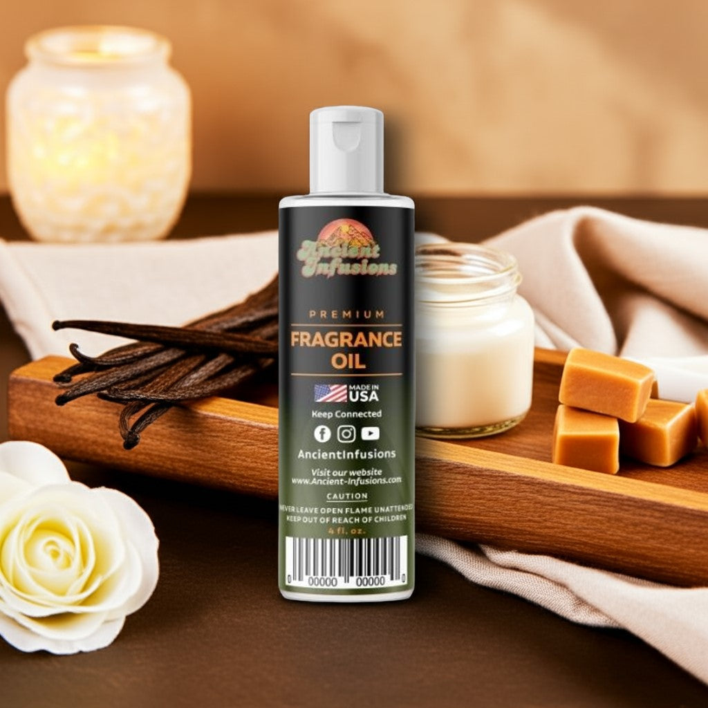 Bottle of fragrance oil with vanilla beans, flowers, and candles on a wooden tray.