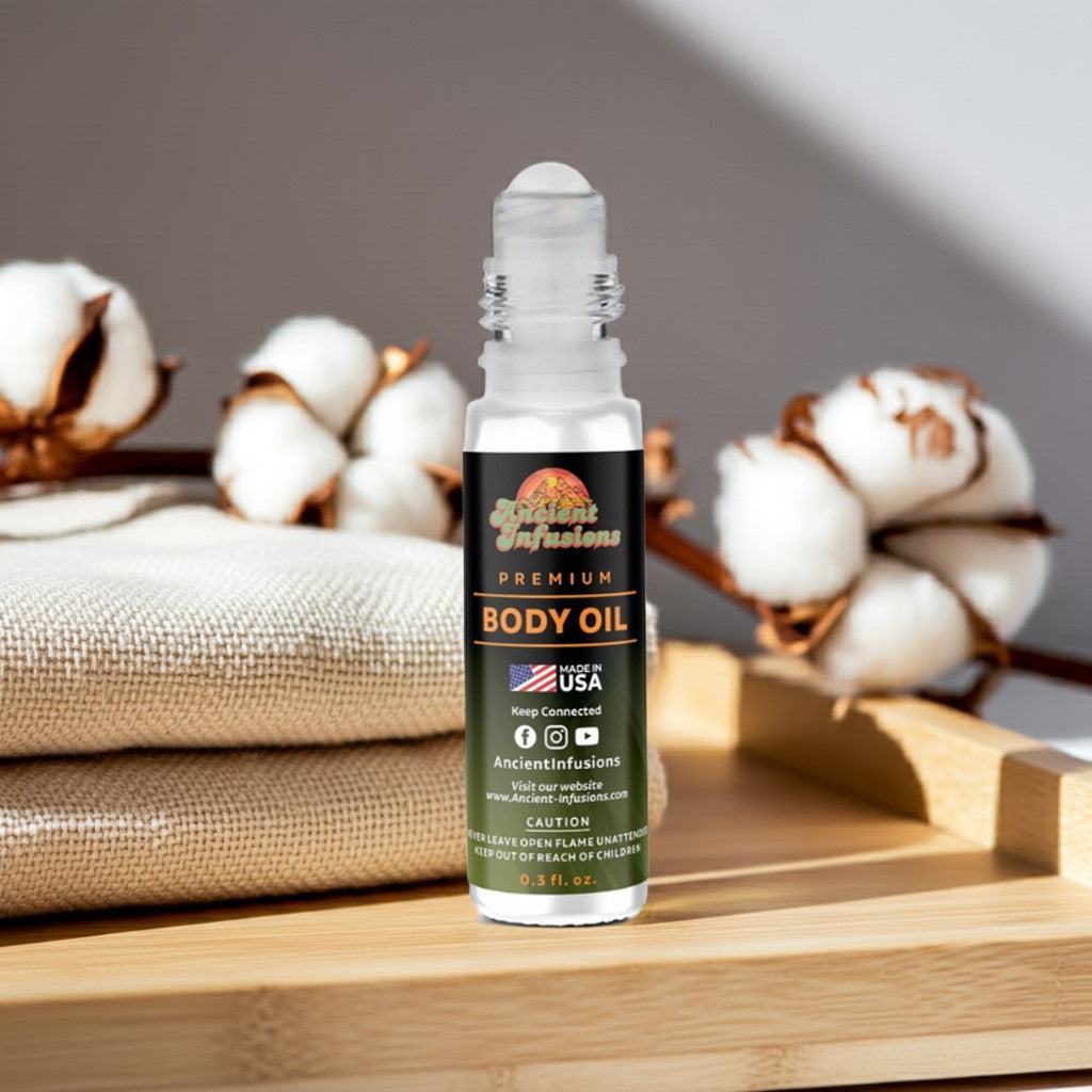 Fresh Linen Body oil bottle with cotton flowers in the background