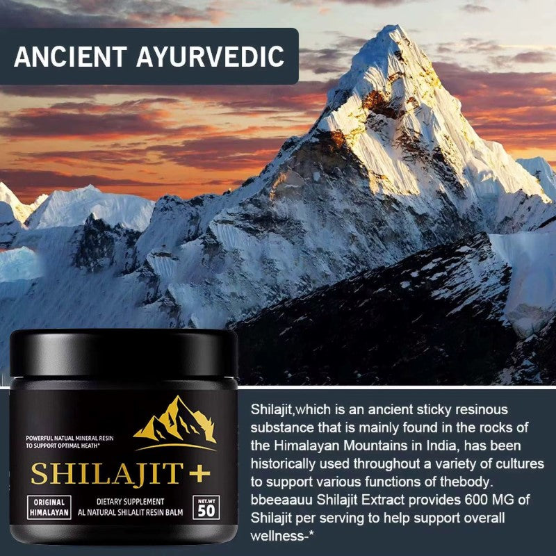 Shilajit supplement container with Himalayan mountain landscape and sunset