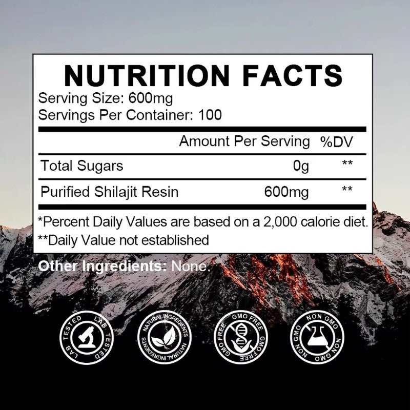 Nutrition facts label for a product with purified shilajit resin on a mountainous background