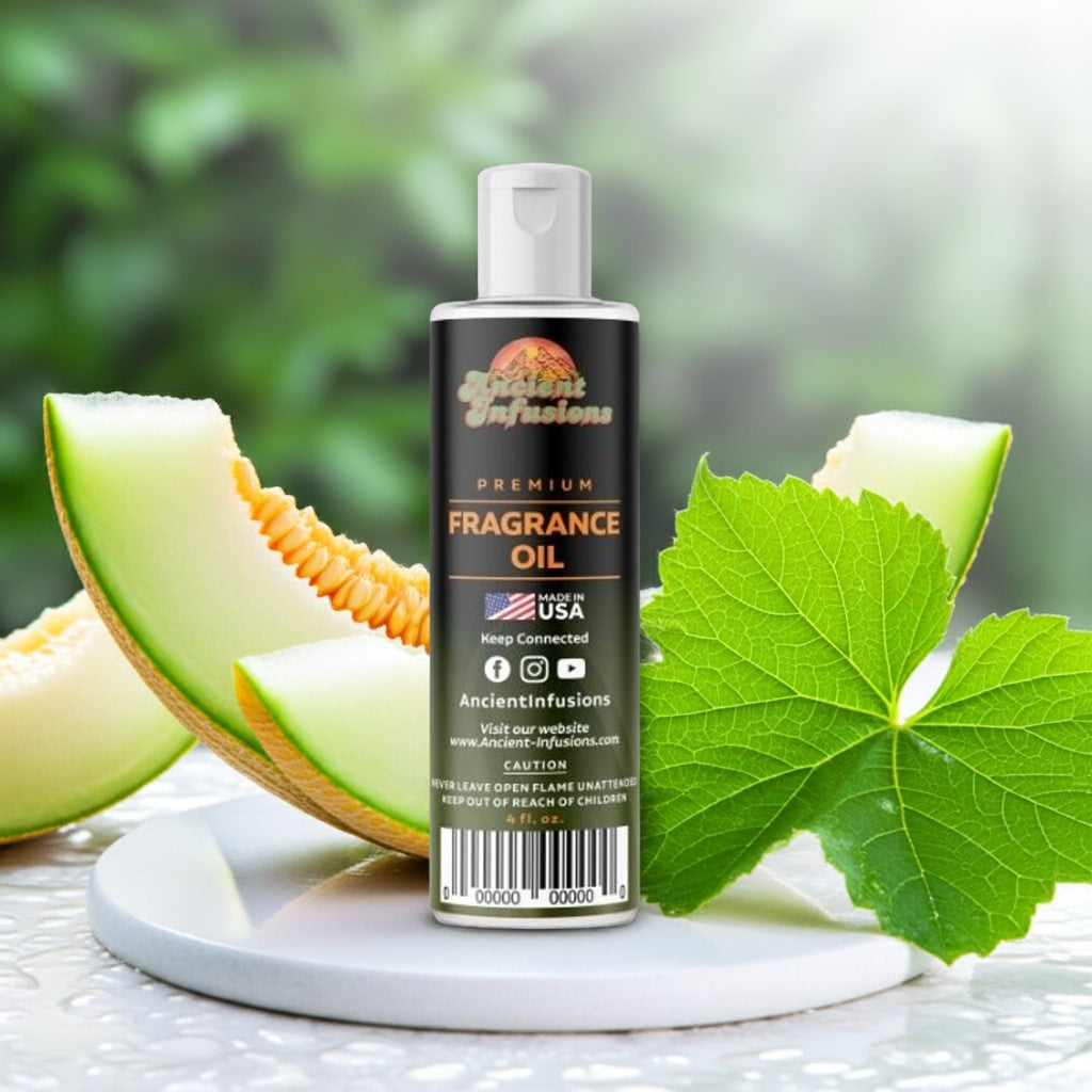 Bottle of fragrance oil with a melon and leaf on a blurred green background