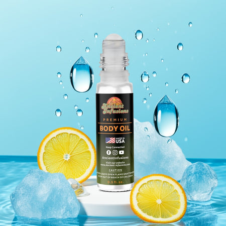 Iceberg Inspired Body Oil bottle surrounded by ice, lemon slices, and water droplets, highlighting its fresh citrus and musk fragrance.