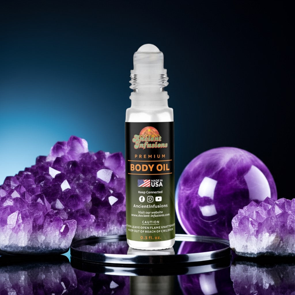 Imported Alien Body oil bottle with purple crystals on a reflective surface