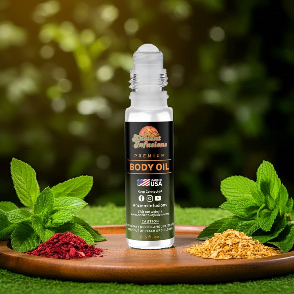 Imported Jannatul Firdaus Body oil bottle with natural ingredients on a wooden tray outdoors