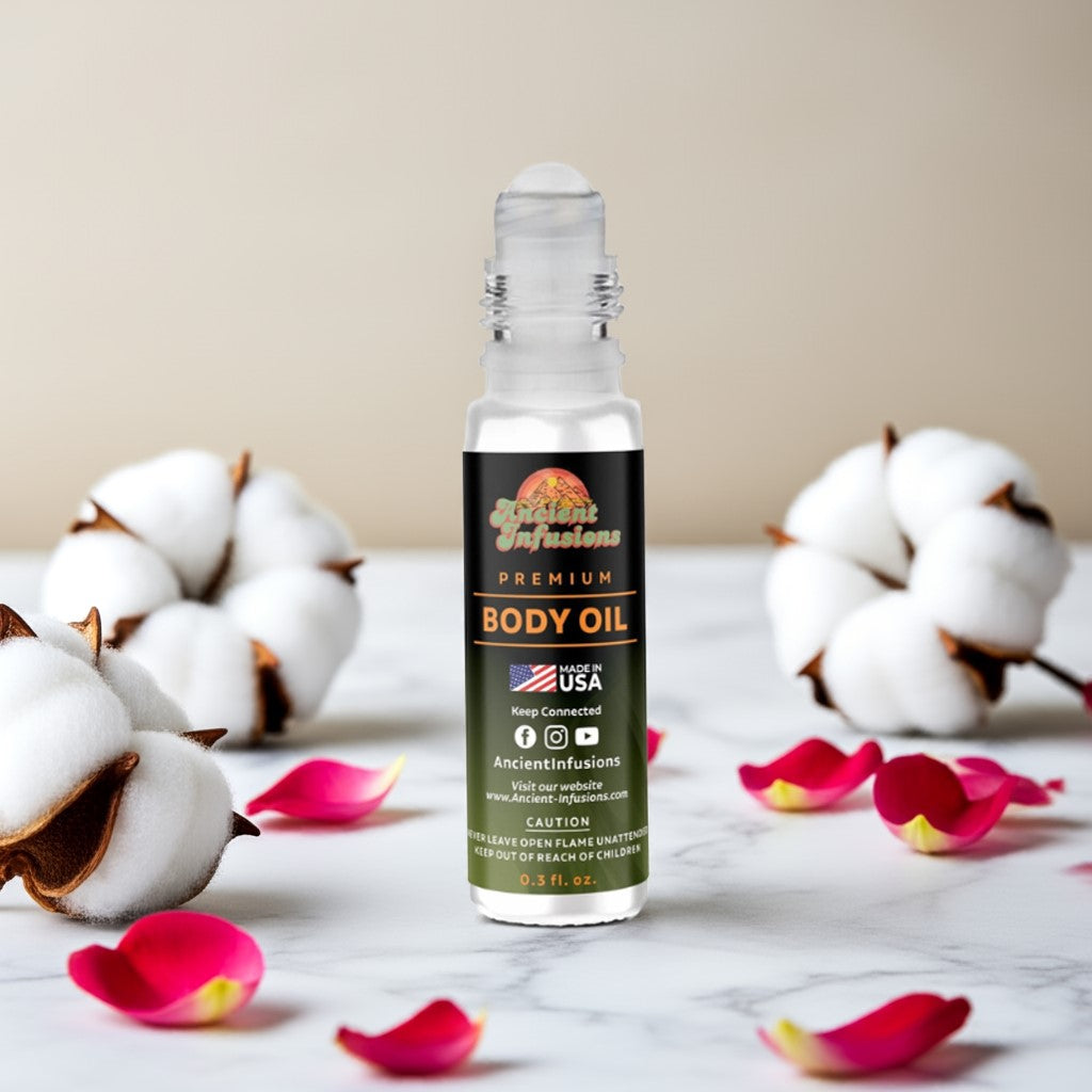 Imported Musk Tahara Body oil bottle with cotton and rose petals on a light background