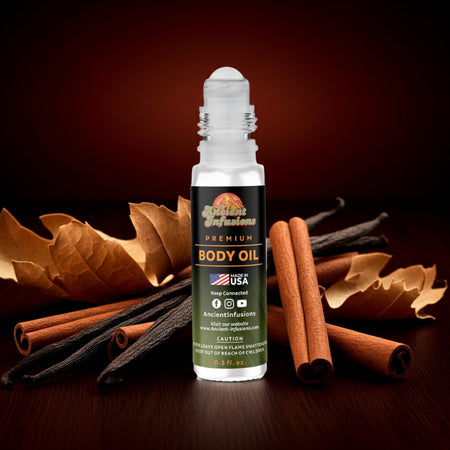 Initio Side Effect Inspired Body Oil with tobacco and sweet vanilla notes, surrounded by cinnamon and vanilla sticks.