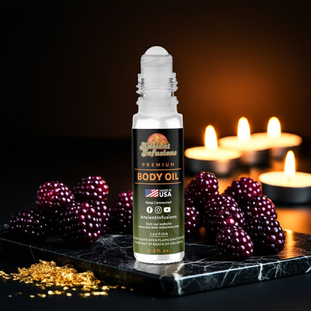 Into the Night Body oil bottle with blackberries and candles on a dark surface