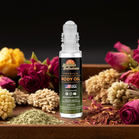 Jannatul Firdaus Body oil bottle with flowers on a dark background