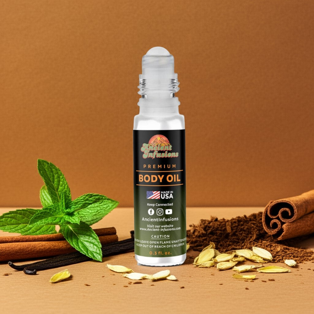 Jean Paul Gaultier Body oil bottle with cinnamon, vanilla beans, and mint leaves on a brown background