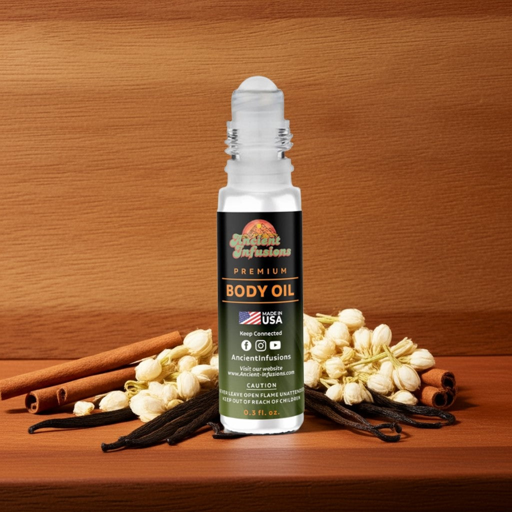 Joop inspired body oil standing upright on a clean platform with warm tones and cinnamon accents