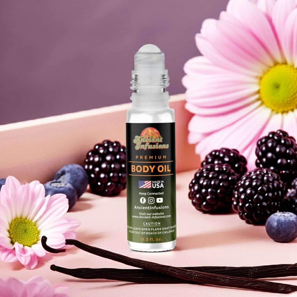 Juicy Couture inspired body oil standing upright on a bright tray with fruity and floral background