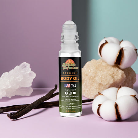 Kayali Vanilla Candy Rock Sugar Inspired Body Oil with vanilla bean and cotton display.