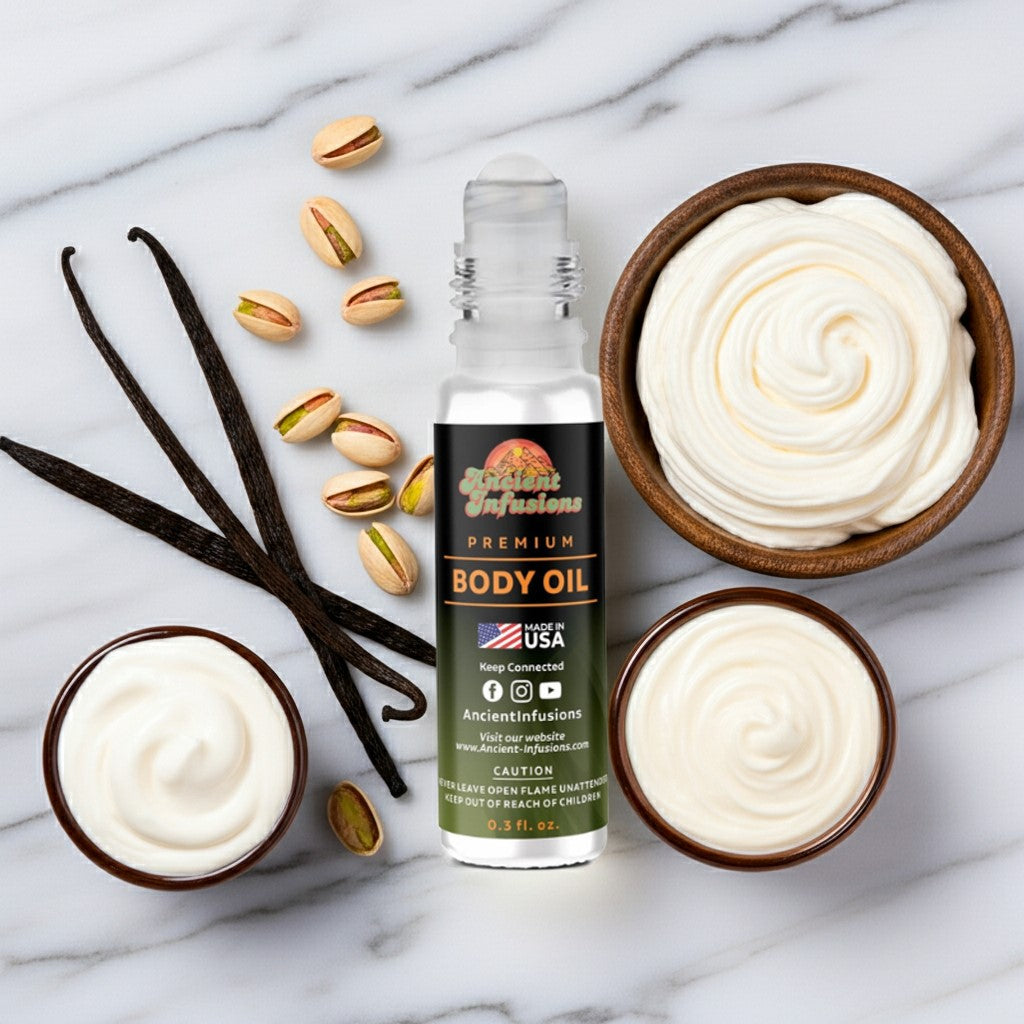 Kayali Yum Pistachio Gelato Inspired Body Oil with pistachios and whipped cream on a marble surface