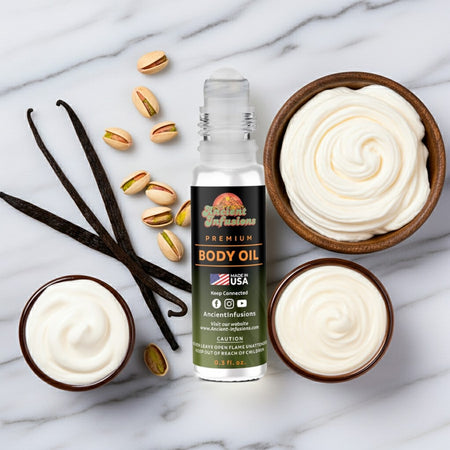 Kayali Yum Pistachio Gelato Inspired Body Oil with pistachios and whipped cream on a marble surface