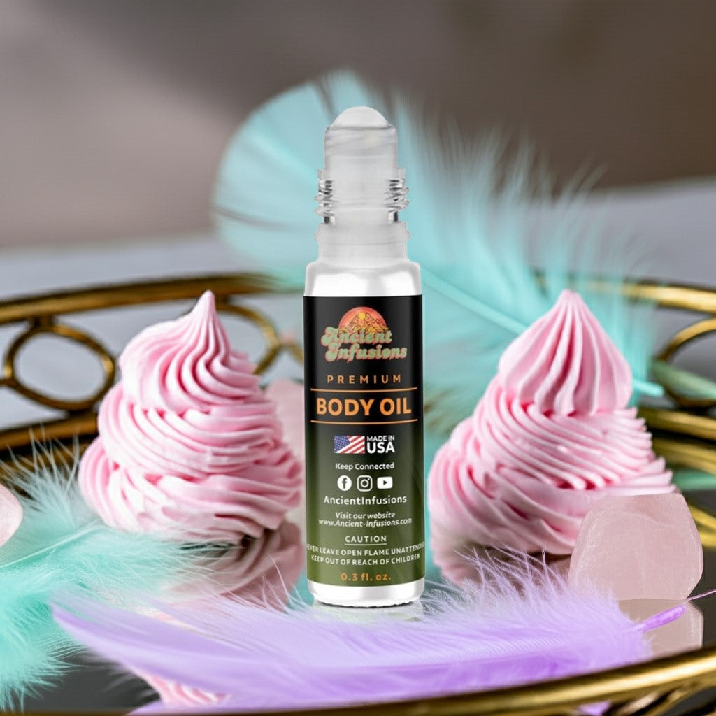 Lattafa Yara Pink Inspired Body Oil roll-on with pink whipped decor and feathers in a luxurious setting.