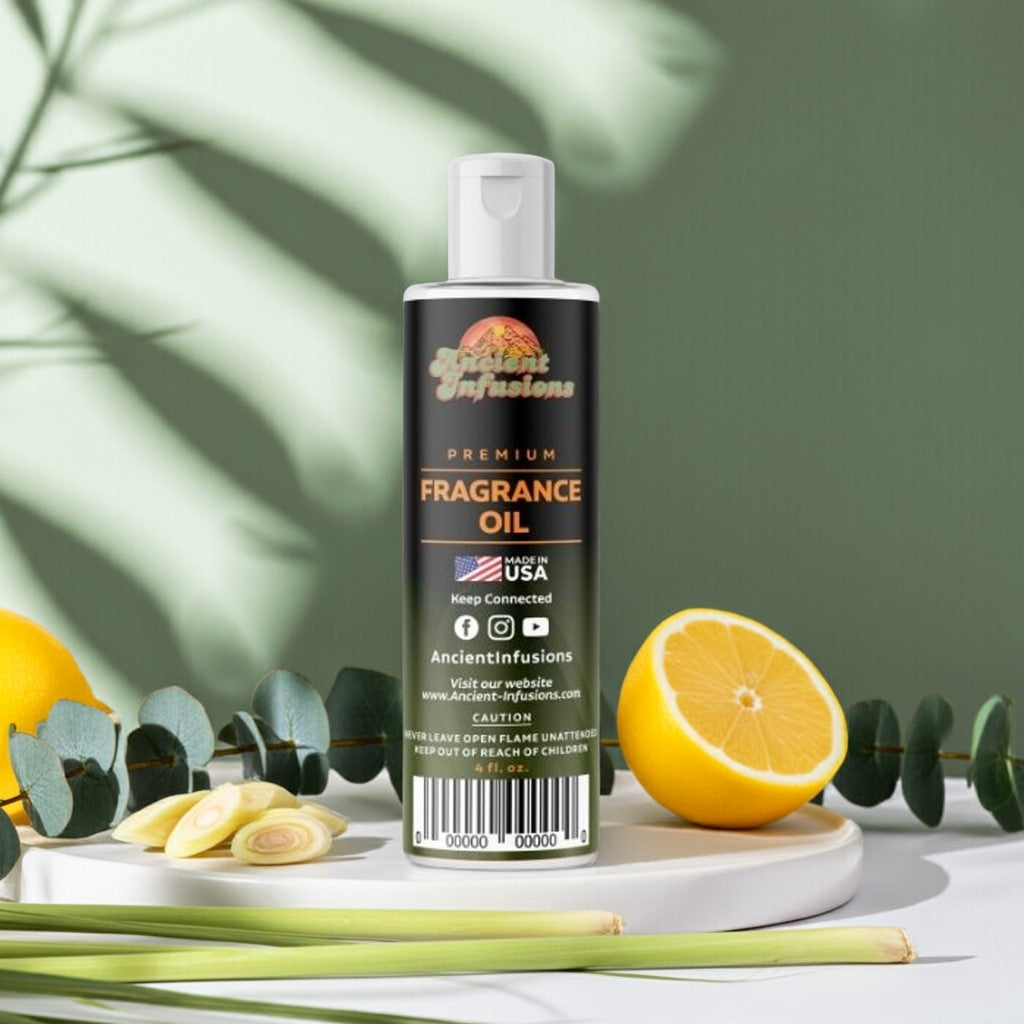 Bottle of Ancient Infusions fragrance oil with lemons and eucalyptus leaves on a light background